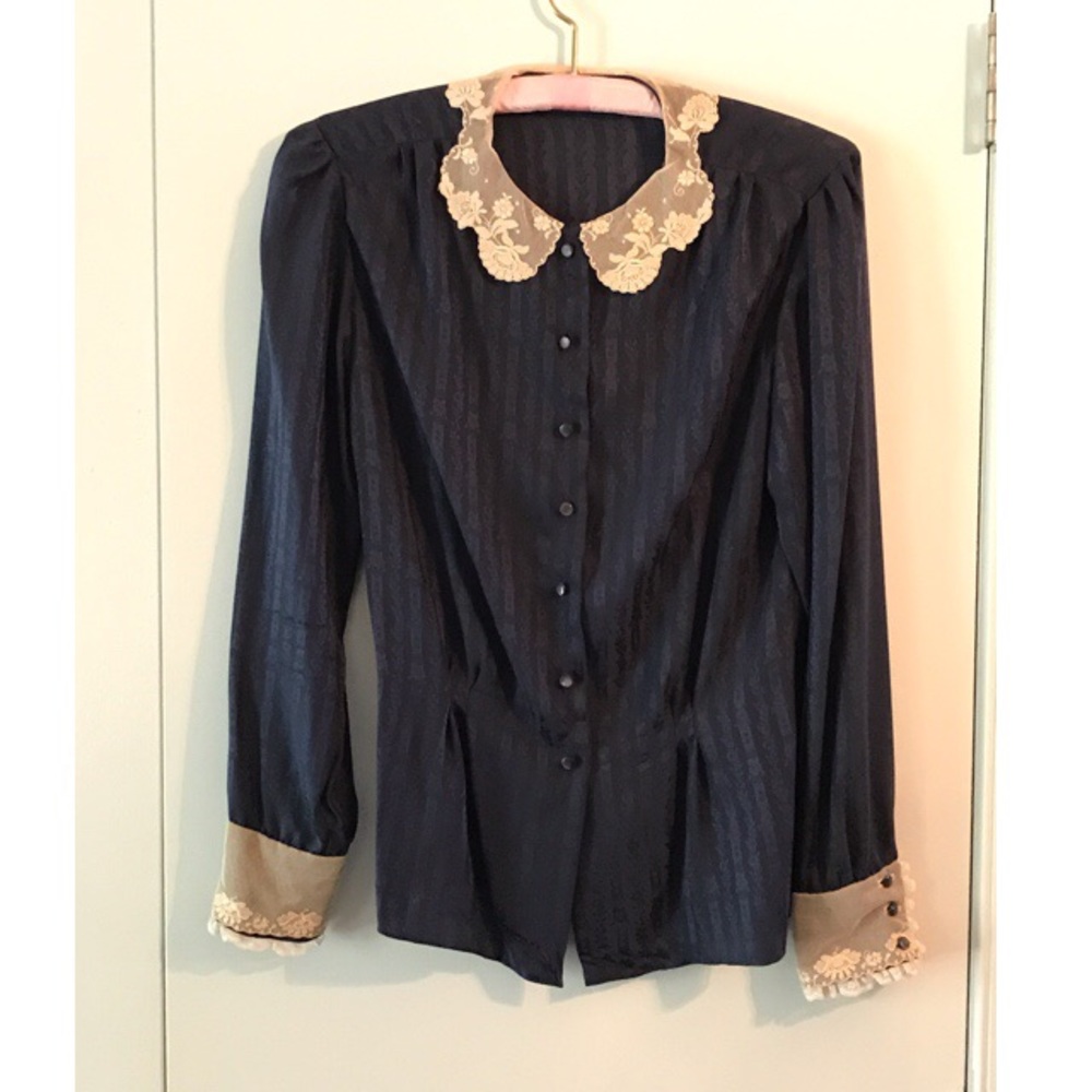 Vintage Ralph Lauren Navy Blue Silk & Lace Blouse